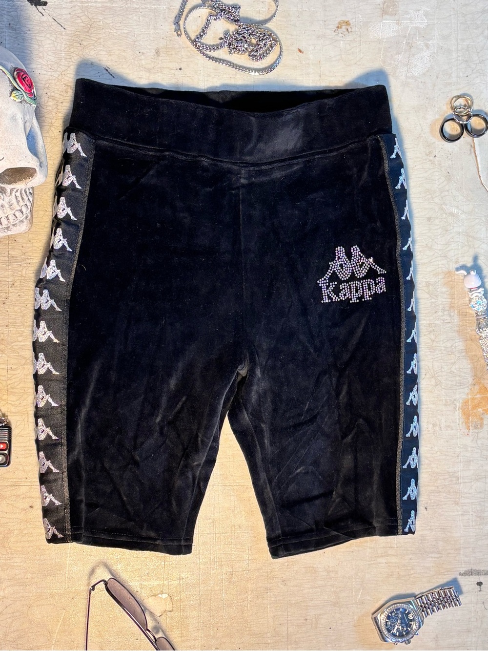Kappa Black Velour Shorts with KAPPA Logo Tape